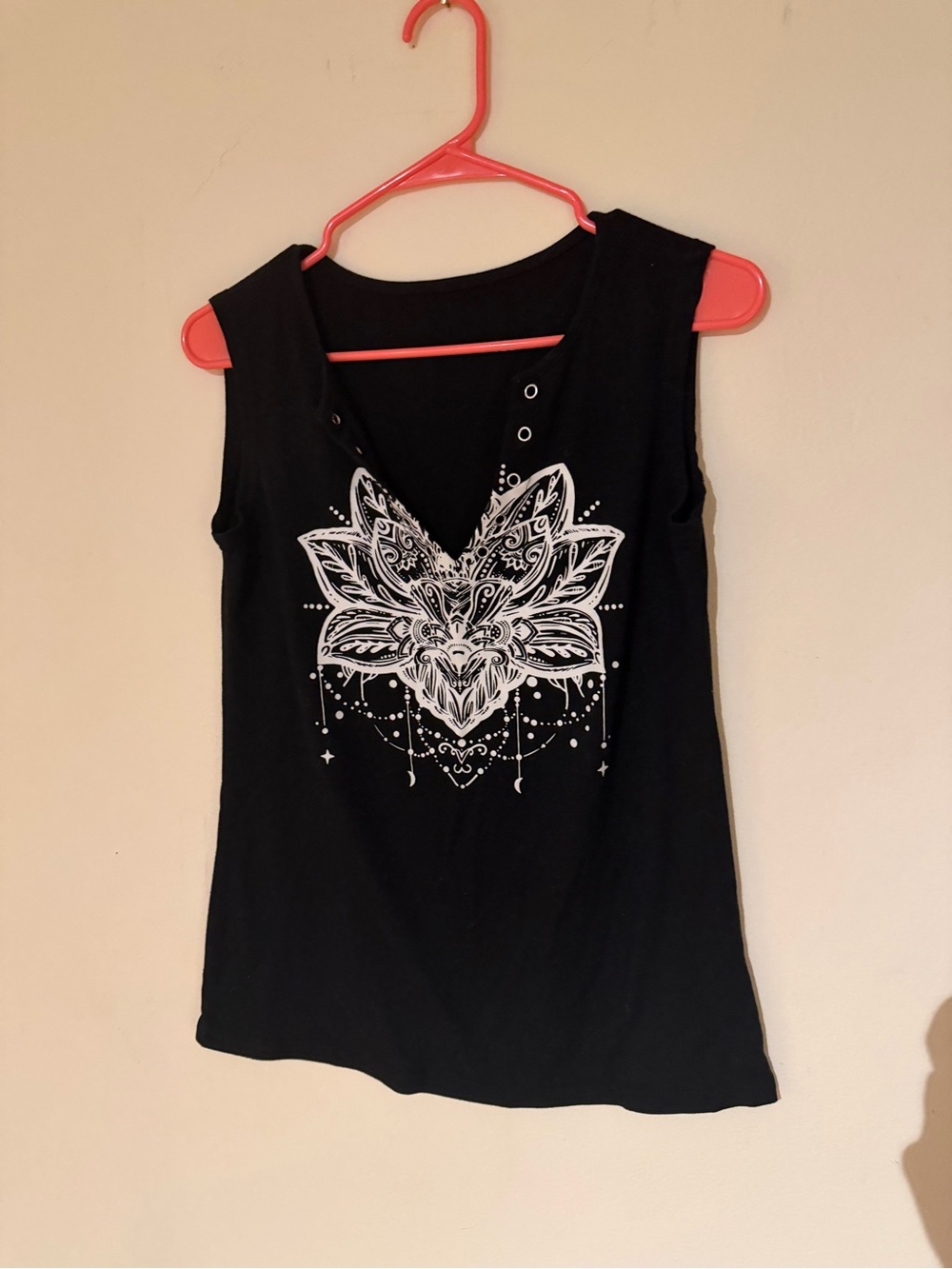 Black Sleeveless V-Neck Top with White Mandala Graphic